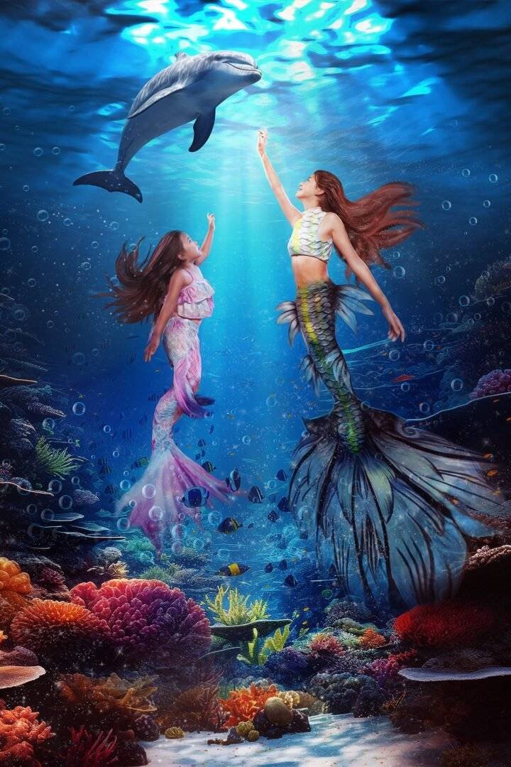 fantasy-children-portrait-mermaid-sisters-playing-with-dolphin-under-the-sea