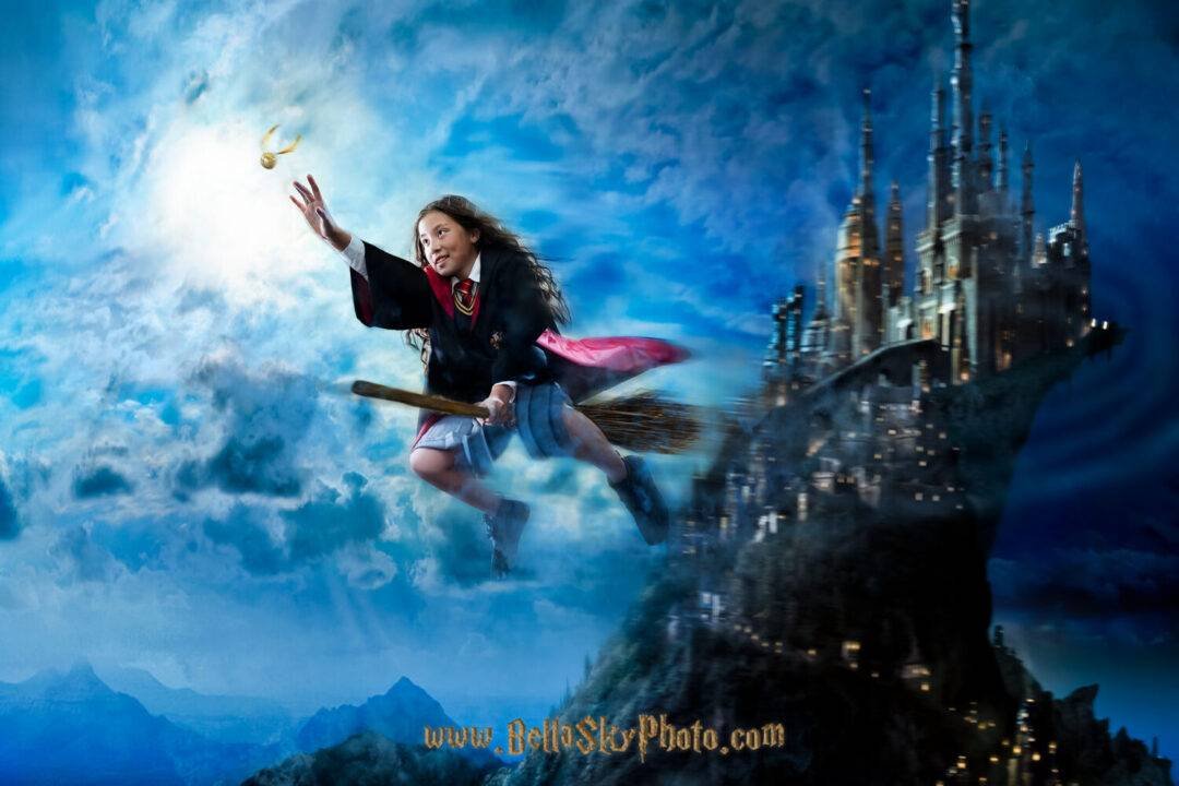 Semo Creative photoshoot: harry potter theme flying on bloom